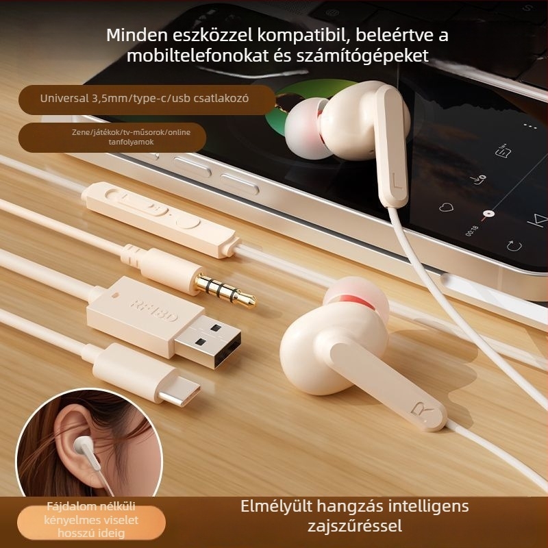 Fülhallgató, vezetékes, fülhorgos kivitel, USB-C csatlakozóval, 2 m-es kábel, zajcsökkentés, karaoke, sport, játék és hívások