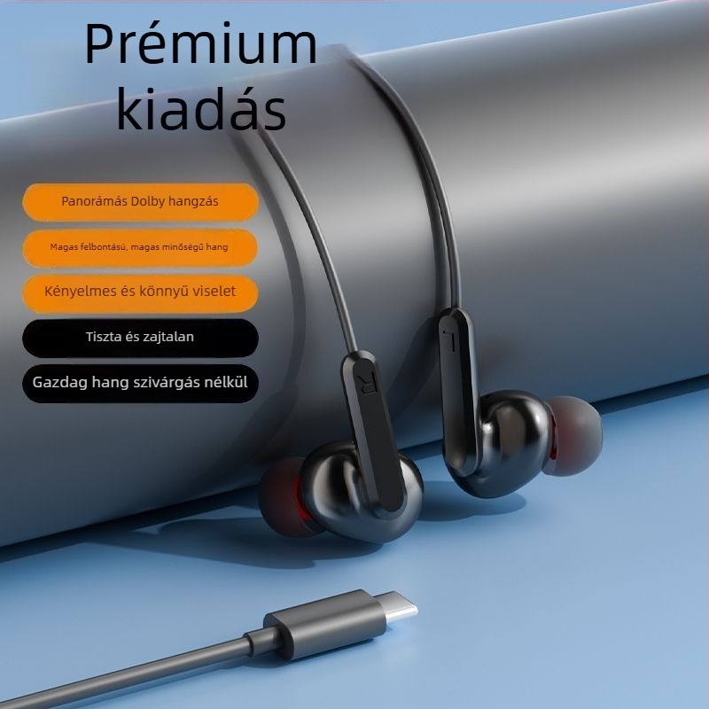Fülhallgató, vezetékes, fülhorgos kivitel, USB-C csatlakozóval, 2 m-es kábel, zajcsökkentés, karaoke, sport, játék és hívások