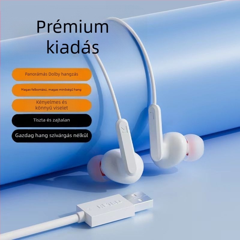 Fülhallgató, vezetékes, fülhorgos kivitel, USB-C csatlakozóval, 2 m-es kábel, zajcsökkentés, karaoke, sport, játék és hívások