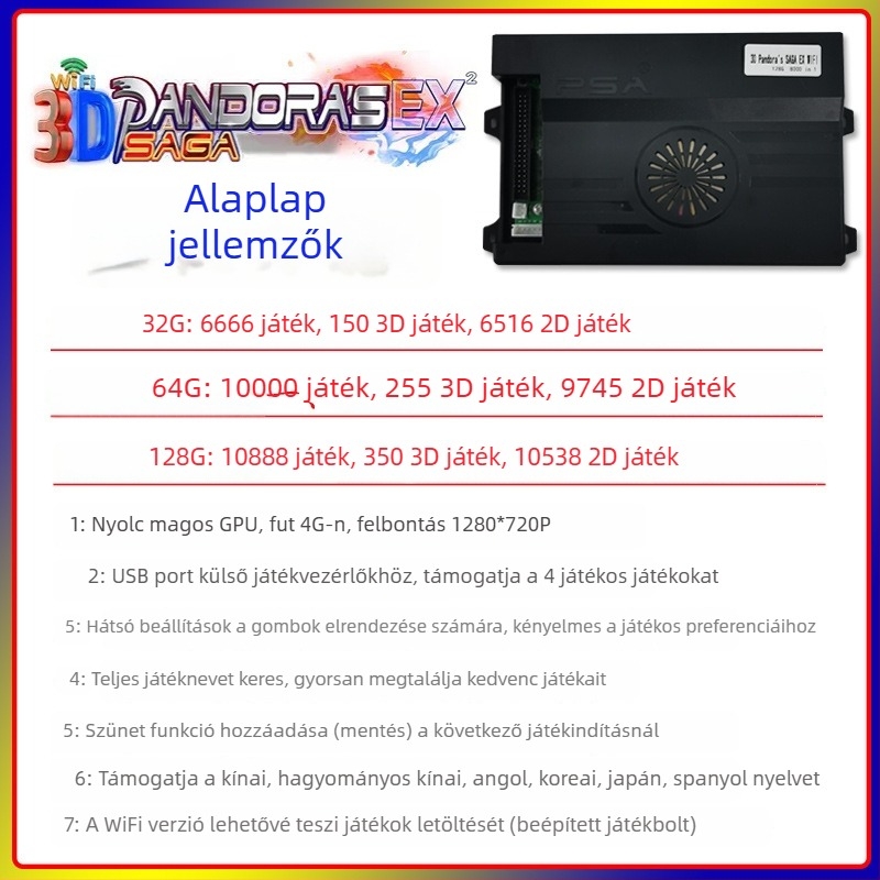 3D Pandora EX arcade alaplap – Android alapú, 128 GB memória, HDMI/VGA/USB interfész, Paperback játékverzió, nosztalgikus szél stílus