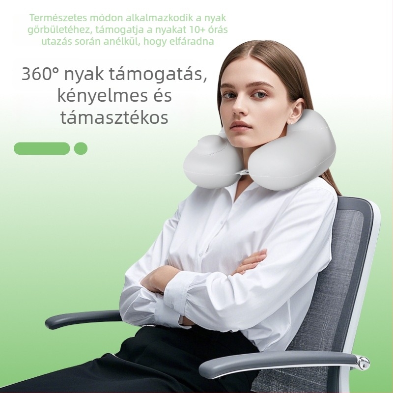 Felfújható U-alakú utazó nyakpárna – hordozható fej-támasz, Ice Silk anyag, PVC töltet, felnőtteknek