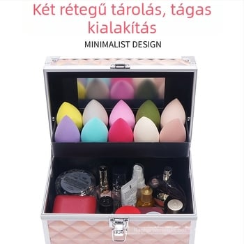 Kétszintes kozmetikai doboz tükörrel, PVC anyagból, kapcsos zár, lakattal zárható, bővítő résszel