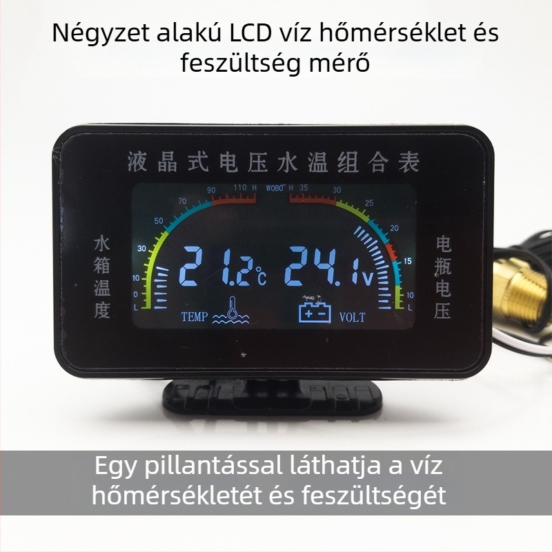 LCD autóvízhőmérséklet- és feszültségmérő (2 az egyben), 12V/24V univerzális
