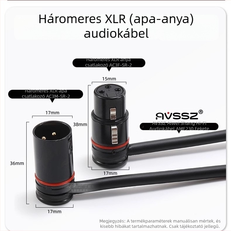 AVSSZ XLR mikrofonkábel, rövid, aranyozott, férfi–női csatlakozók, L alakú, FX3