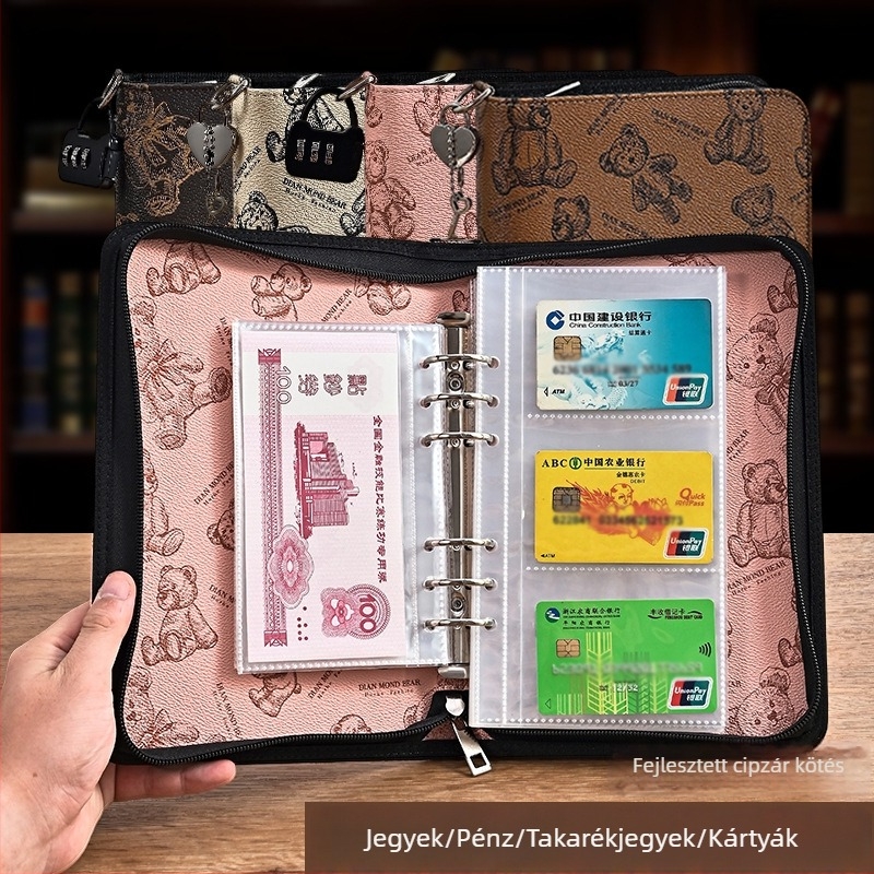 Zippzáros dokumentumok rendező táska medve motívummal, PU anyagból, nagy kapacitás bankjegyekhez és kártyákhoz, logónyomtatás elérhető