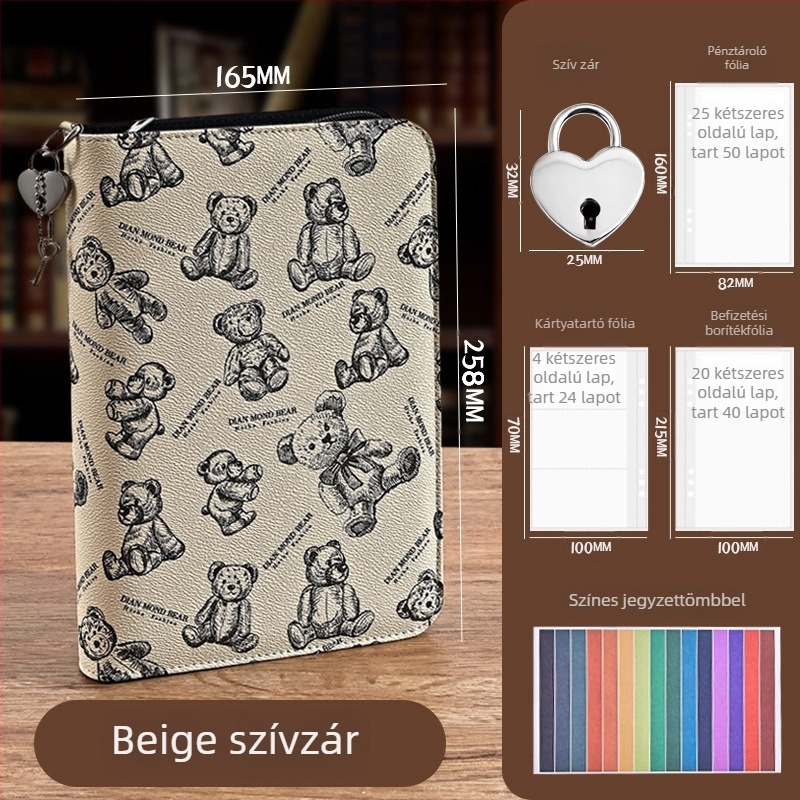 Zippzáros dokumentumok rendező táska medve motívummal, PU anyagból, nagy kapacitás bankjegyekhez és kártyákhoz, logónyomtatás elérhető