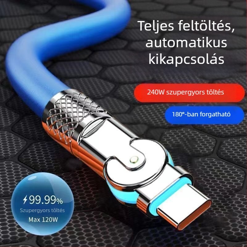 Forgatható Android gyorstöltő adatkábel 240W LED-del, Huawei, Honor, Xiaomi és ViOP játéktelefonokhoz