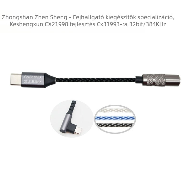 USB-C-től 3,5 mm digitális audiókábel, ezüstbevonatú rézvezető, ezüstbevonatú feldolgozás, headsetekhez és AUX autóvonalhoz, modell Kexin CX21998 Upgrade 31993