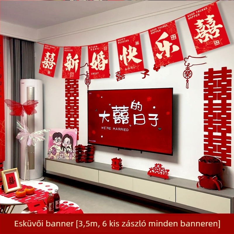 Esküvői zászlófüzér vidám karakterrel és szélmalom lámpákkal | Chun yafang anyag | digitális tintasugaras nyomtatás | zászlórúd nélkül