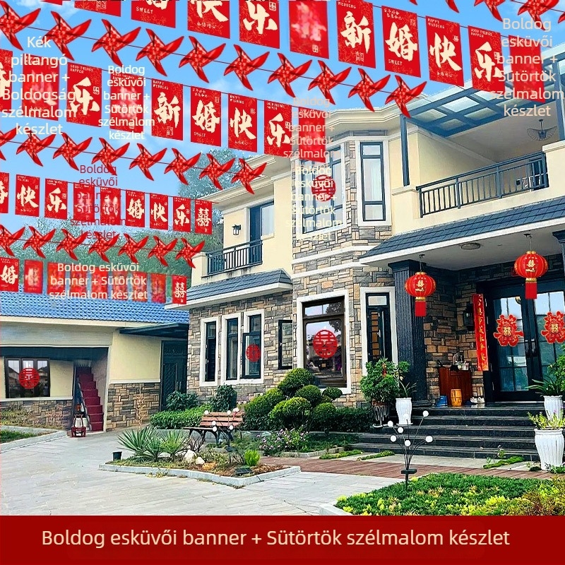 Esküvői zászlófüzér vidám karakterrel és szélmalom lámpákkal | Chun yafang anyag | digitális tintasugaras nyomtatás | zászlórúd nélkül