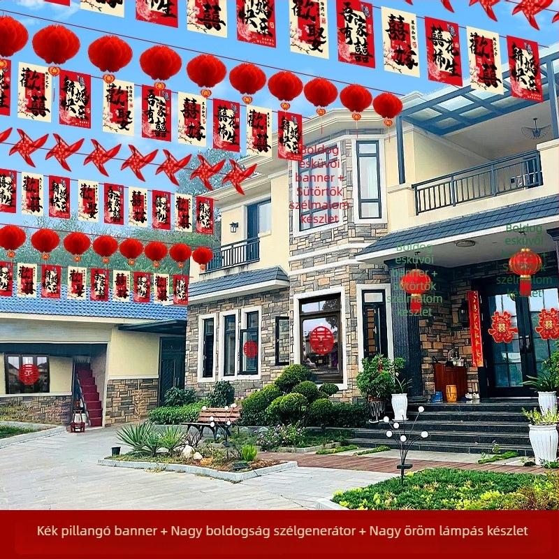 Esküvői zászlófüzér vidám karakterrel és szélmalom lámpákkal | Chun yafang anyag | digitális tintasugaras nyomtatás | zászlórúd nélkül