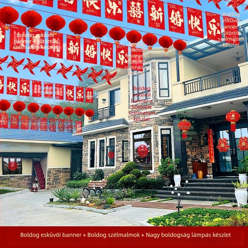 Esküvői zászlófüzér vidám karakterrel és szélmalom lámpákkal | Chun yafang anyag | digitális tintasugaras nyomtatás | zászlórúd nélkül