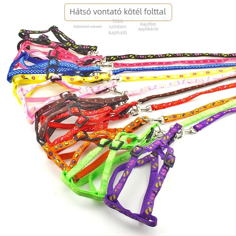 Nylon patchwork háziállat-hám szett pórázzal és macska nyakörvvel