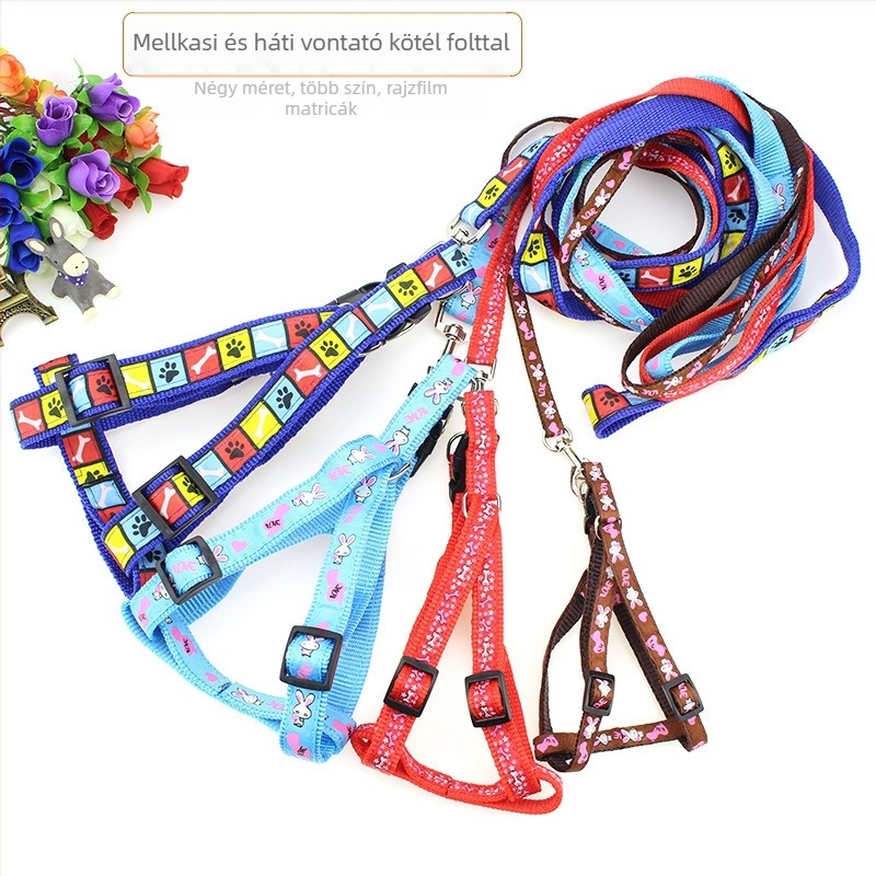 Nylon patchwork háziállat-hám szett pórázzal és macska nyakörvvel