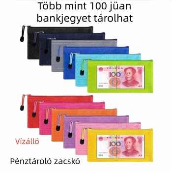 Téglalap alakú Oxford anyagú cipzáras tárolótáska készpénz- és bankjegymegőrzésre, ID-kártya rekesz, vízálló.