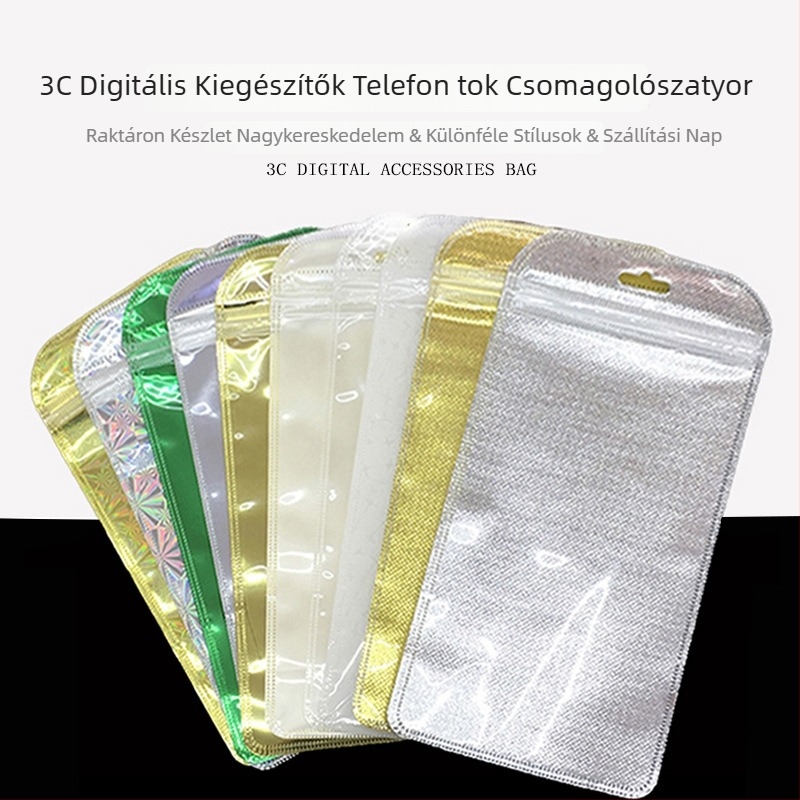 Önzáró csomagoló taska – egyoldalúan átlátszó, a másik oldal opálos; zárási hossz 3 cm; ívelt él; univerzális csomagolás mobiltelefonokhoz és elektronikai kiegészítőkhöz