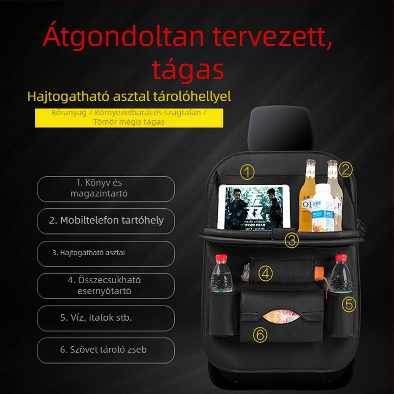 Bőrből készült tároló táska a hátsó üléshez az autóban, tálcával, Tray Backpocket stílus, függő rögzítés, testre szabható