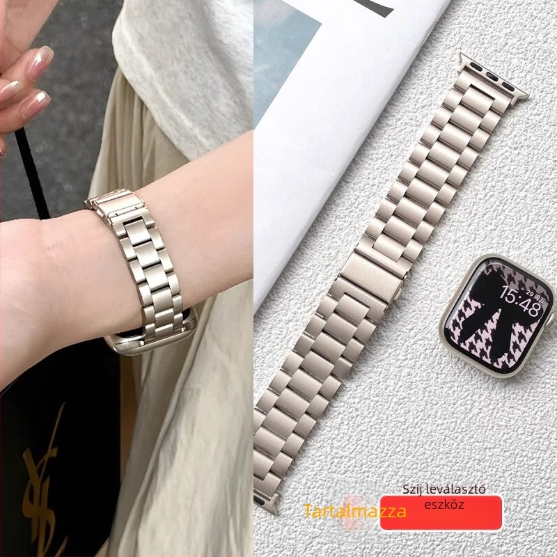 Apple Watch szíj rozsdamentes acélból, masszív dizájn, pillangó csattal, letisztult stílus