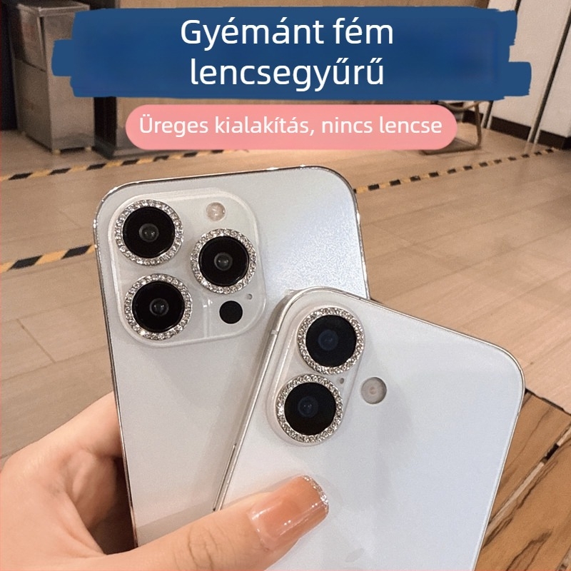 iPhone 15 hátlapi kamera védőfólia diamant kivágásokkal és védőgyűrűvel; kompatibilis Apple 17 Pro Max