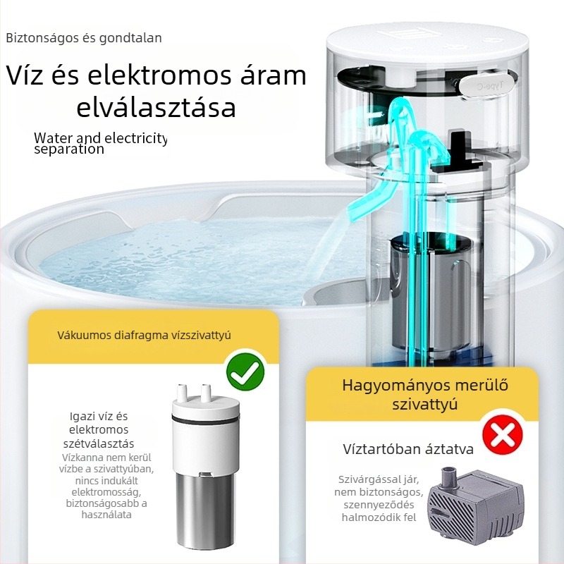 Háziállatok automata vízadagolója, kerámia tartály, újratölthető vezeték nélküli modell, leválasztható kialakítás, állandó hőmérsékletű folyó víz