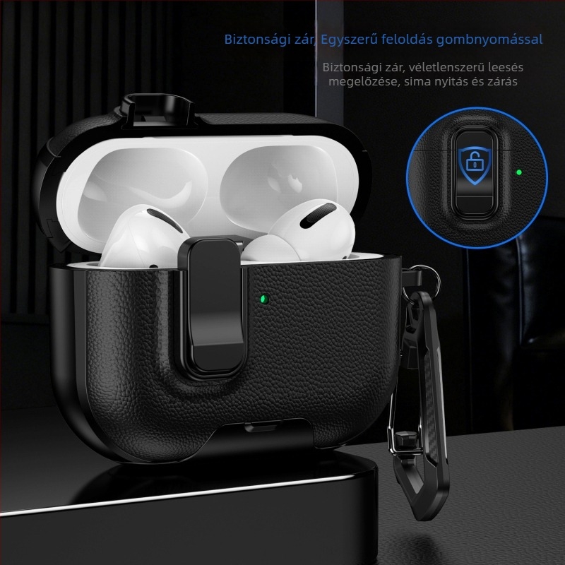 AirPods Pro 3 védőtok – TPU+PC, ütésálló, zárócsatával és tartóval, injekciós öntés