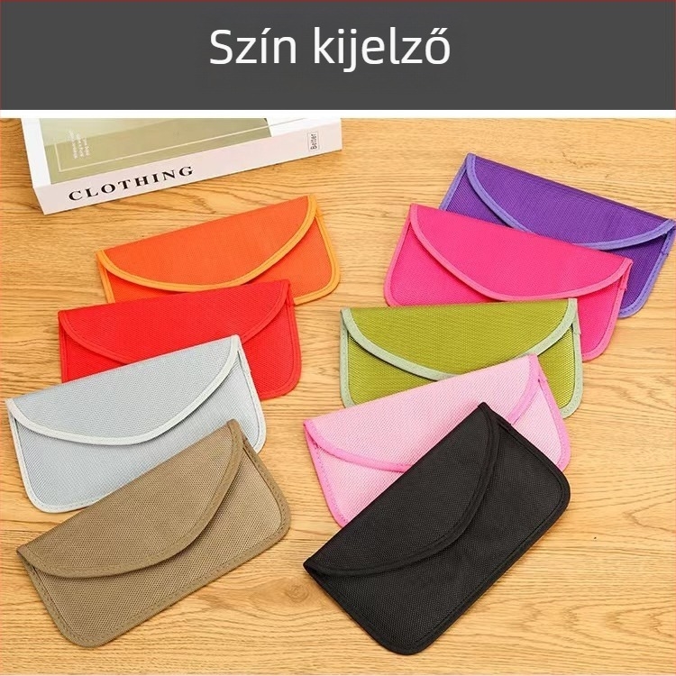 RFID szűrős mobiltelefon tok, Oxford vászon, fedő típusú nyitás, kártyatartó rekesz, ovális forma, szintetikus bőr belső
