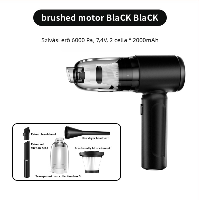 Otthon és autóhoz – vezeték nélküli porszívó, kézi, 90W, beépített 4000–5000 mAh akkumulátor, szívóerő 10,1–15 kPa, zaj <36 dB
