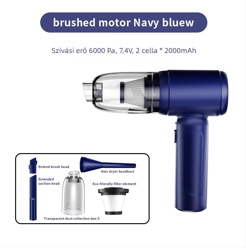 Otthon és autóhoz – vezeték nélküli porszívó, kézi, 90W, beépített 4000–5000 mAh akkumulátor, szívóerő 10,1–15 kPa, zaj <36 dB