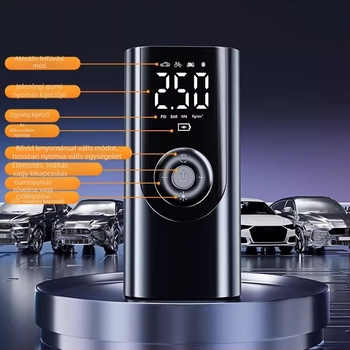 Hordozható vezeték nélküli autókerékpumpa – 12V, 80W, 25 L/perc, Type-C töltés, digitális kijelző