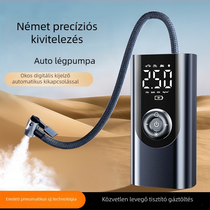 Hordozható vezeték nélküli autókerékpumpa – 12V, 80W, 25 L/perc, Type-C töltés, digitális kijelző