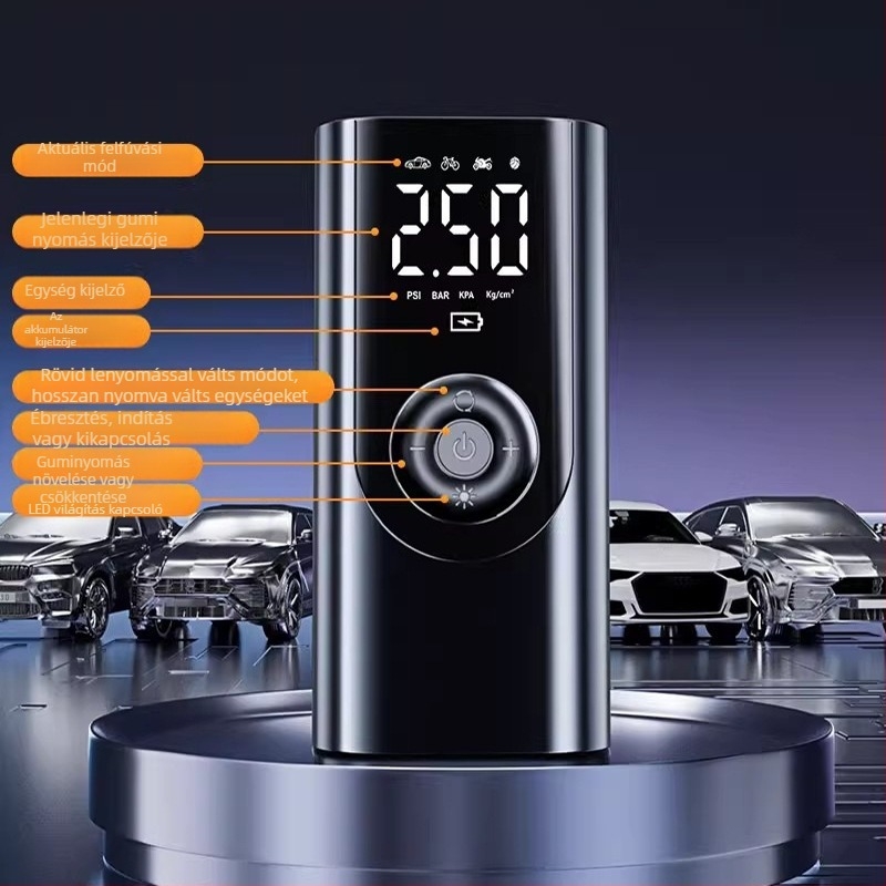 Hordozható vezeték nélküli autókerékpumpa – 12V, 80W, 25 L/perc, Type-C töltés, digitális kijelző