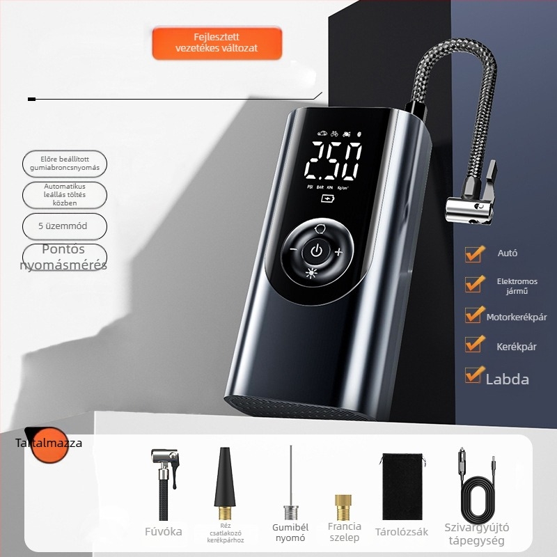 Hordozható vezeték nélküli autókerékpumpa – 12V, 80W, 25 L/perc, Type-C töltés, digitális kijelző