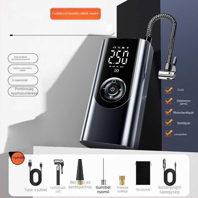 Hordozható vezeték nélküli autókerékpumpa – 12V, 80W, 25 L/perc, Type-C töltés, digitális kijelző