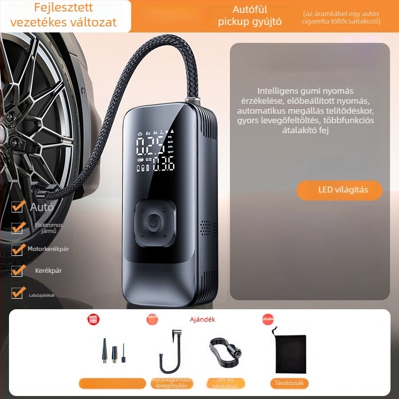 Hordozható vezeték nélküli autókerékpumpa – 12V, 80W, 25 L/perc, Type-C töltés, digitális kijelző