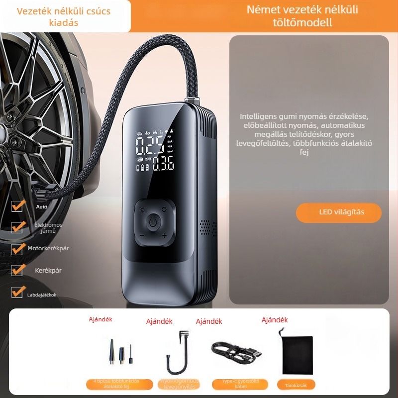 Hordozható vezeték nélküli autókerékpumpa – 12V, 80W, 25 L/perc, Type-C töltés, digitális kijelző