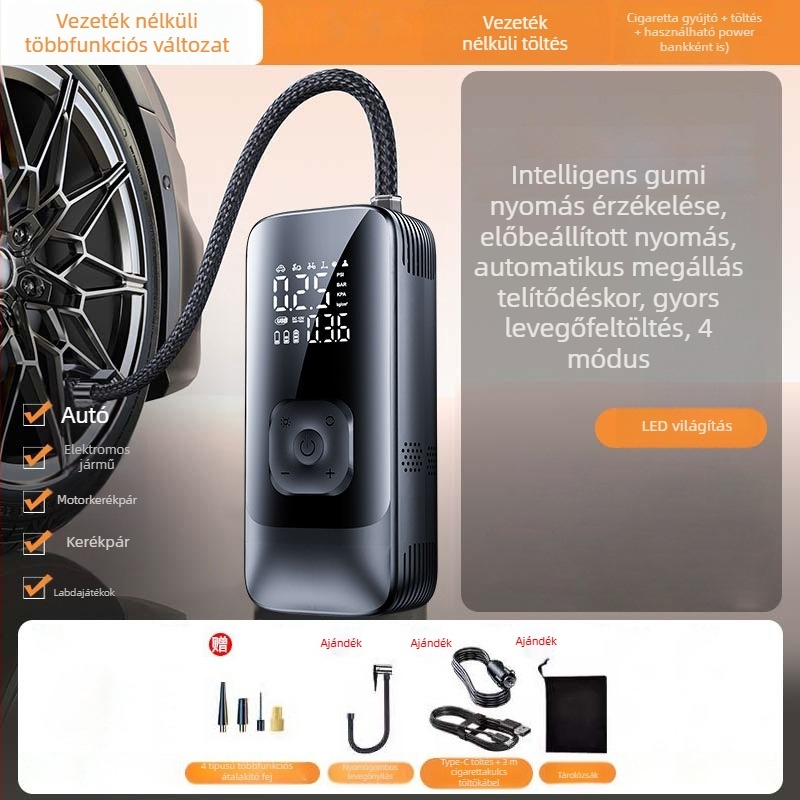 Hordozható vezeték nélküli autókerékpumpa – 12V, 80W, 25 L/perc, Type-C töltés, digitális kijelző