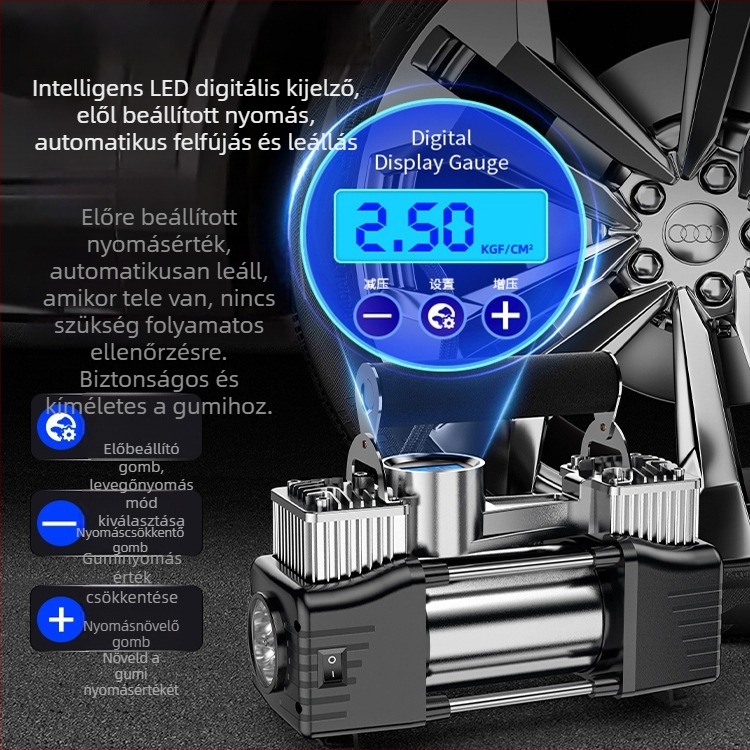 Hordozható elektromos kettős hengeres autógumi fújó digitális kijelzővel, 12V, 180W, 45 L/min, 3 m kábel