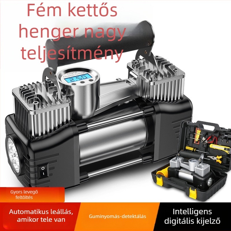 Hordozható elektromos kettős hengeres autógumi fújó digitális kijelzővel, 12V, 180W, 45 L/min, 3 m kábel