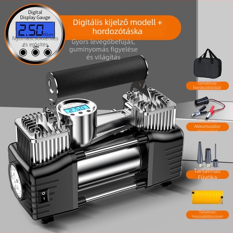 Hordozható elektromos kettős hengeres autógumi fújó digitális kijelzővel, 12V, 180W, 45 L/min, 3 m kábel