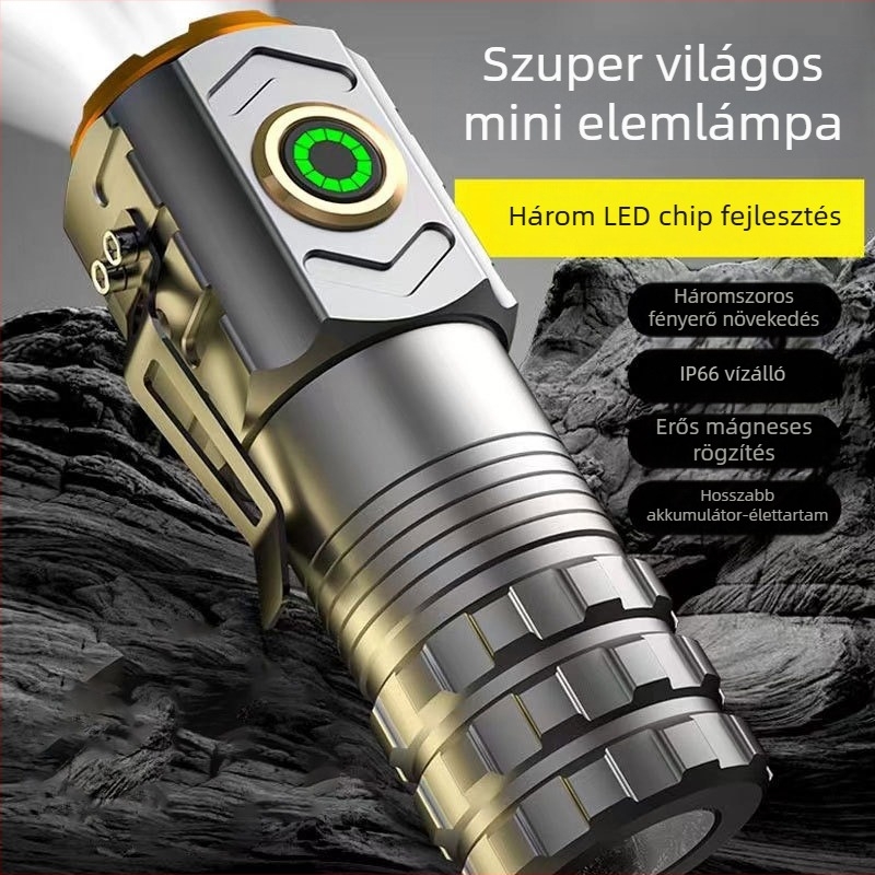 Alumíniumötvözetű LED zseblámpa, kézi tekercseléses energiaellátás, 30W, 200–500 m hatótávolság, 360° forgás