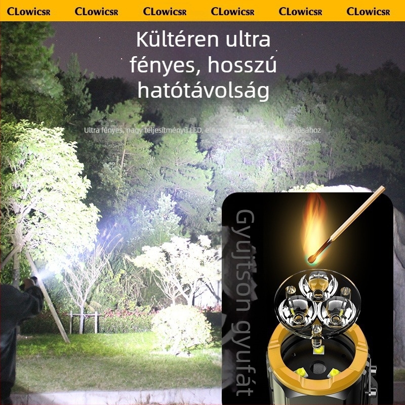 Alumíniumötvözetű LED zseblámpa, kézi tekercseléses energiaellátás, 30W, 200–500 m hatótávolság, 360° forgás