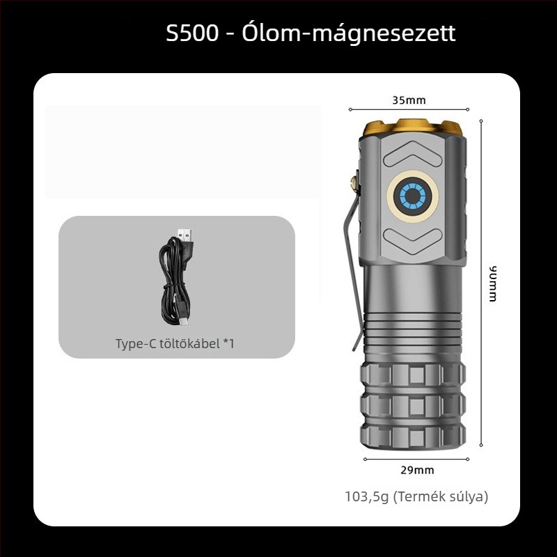 Alumíniumötvözetű LED zseblámpa, kézi tekercseléses energiaellátás, 30W, 200–500 m hatótávolság, 360° forgás