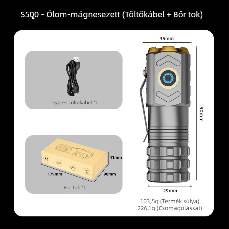Alumíniumötvözetű LED zseblámpa, kézi tekercseléses energiaellátás, 30W, 200–500 m hatótávolság, 360° forgás