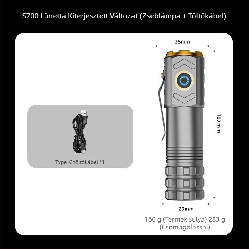 Alumíniumötvözetű LED zseblámpa, kézi tekercseléses energiaellátás, 30W, 200–500 m hatótávolság, 360° forgás