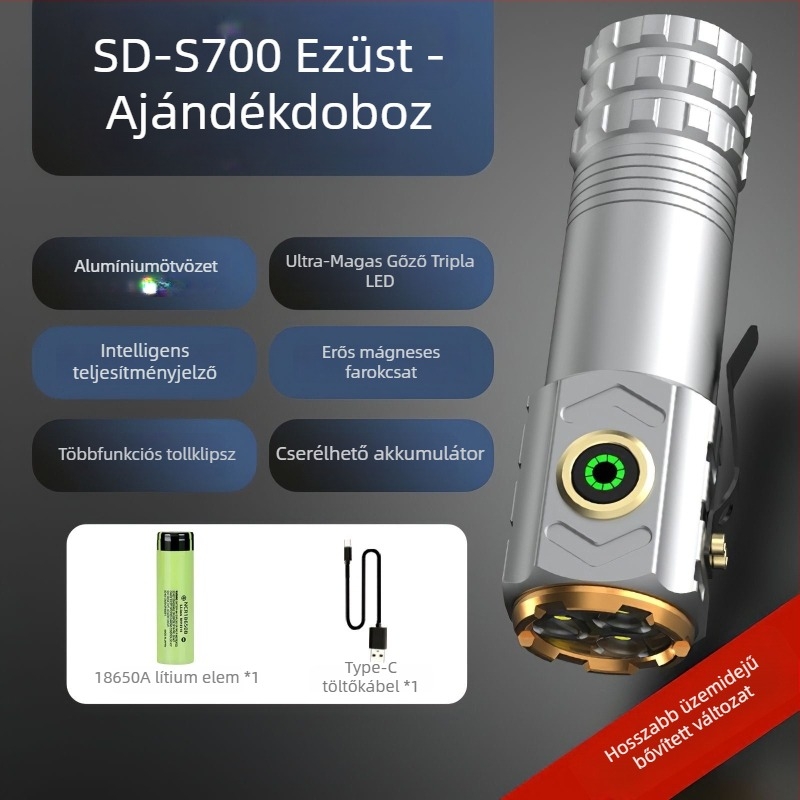 Alumíniumötvözetű LED zseblámpa, kézi tekercseléses energiaellátás, 30W, 200–500 m hatótávolság, 360° forgás