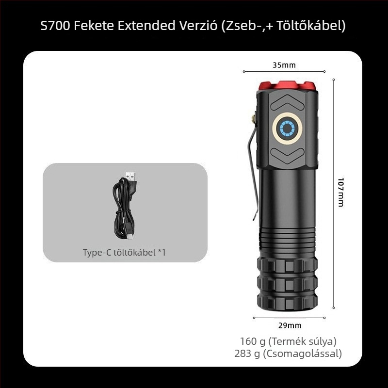 Alumíniumötvözetű LED zseblámpa, kézi tekercseléses energiaellátás, 30W, 200–500 m hatótávolság, 360° forgás