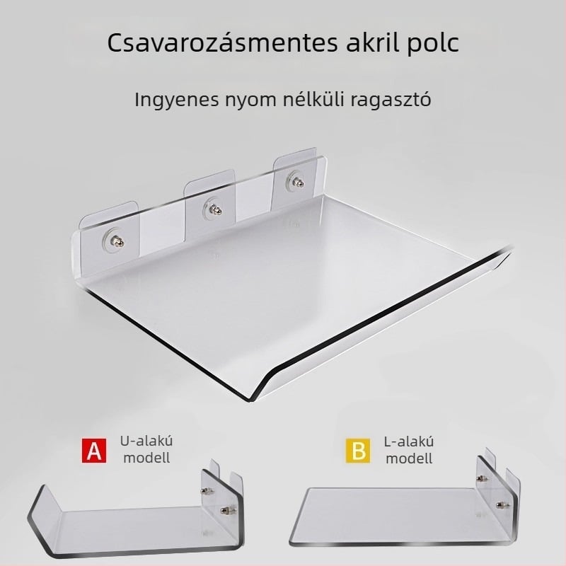 Akril falra szerelhető tároló polc, átlátszó, lyukasztás nélküli, 1 szint, ragasztóval szerelhető, modern minimalista stílus