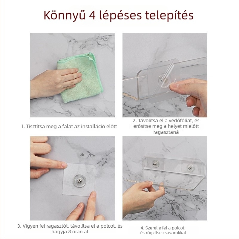Akril falra szerelhető tároló polc, átlátszó, lyukasztás nélküli, 1 szint, ragasztóval szerelhető, modern minimalista stílus