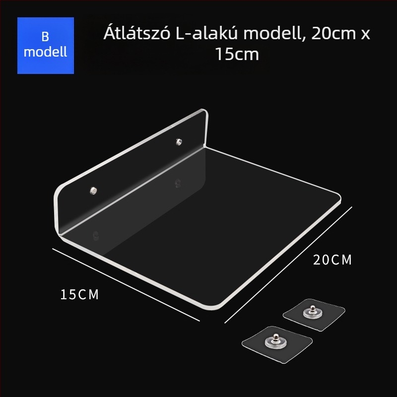 Akril falra szerelhető tároló polc, átlátszó, lyukasztás nélküli, 1 szint, ragasztóval szerelhető, modern minimalista stílus