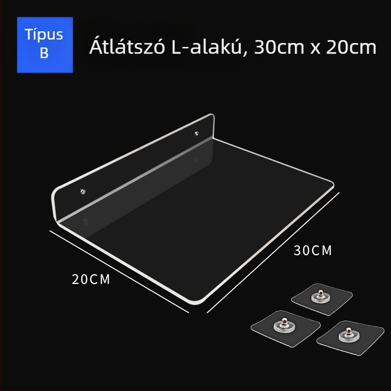 Akril falra szerelhető tároló polc, átlátszó, lyukasztás nélküli, 1 szint, ragasztóval szerelhető, modern minimalista stílus